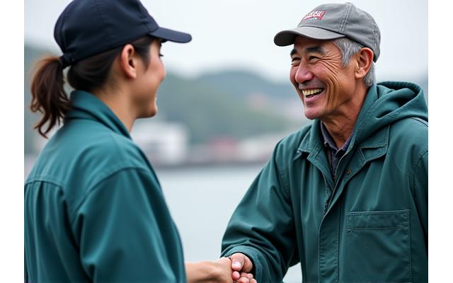 漁師とUmi-Sakana Freshスタッフが笑顔で語り合う様子