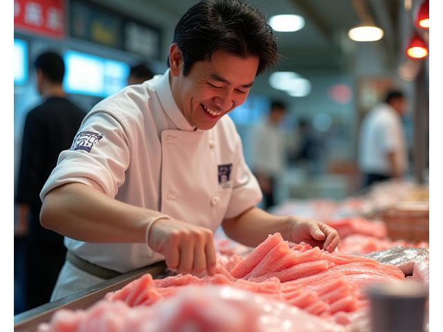 Umi-Sakana Fresh創業者が築地市場で笑顔で魚を選ぶ様子